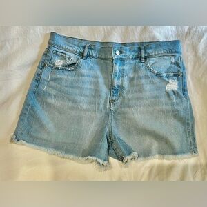 LOFT Fresh Cut High Rise Cut Off Denim Shorts in Classic Light Denim.